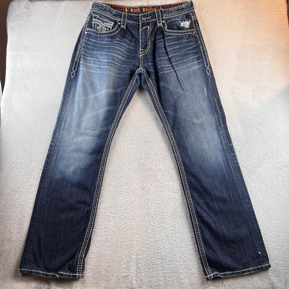 Rock Revival Seth Relaxed Straight Jeans Mens 34 Blue Distressed RE86632L Y2K